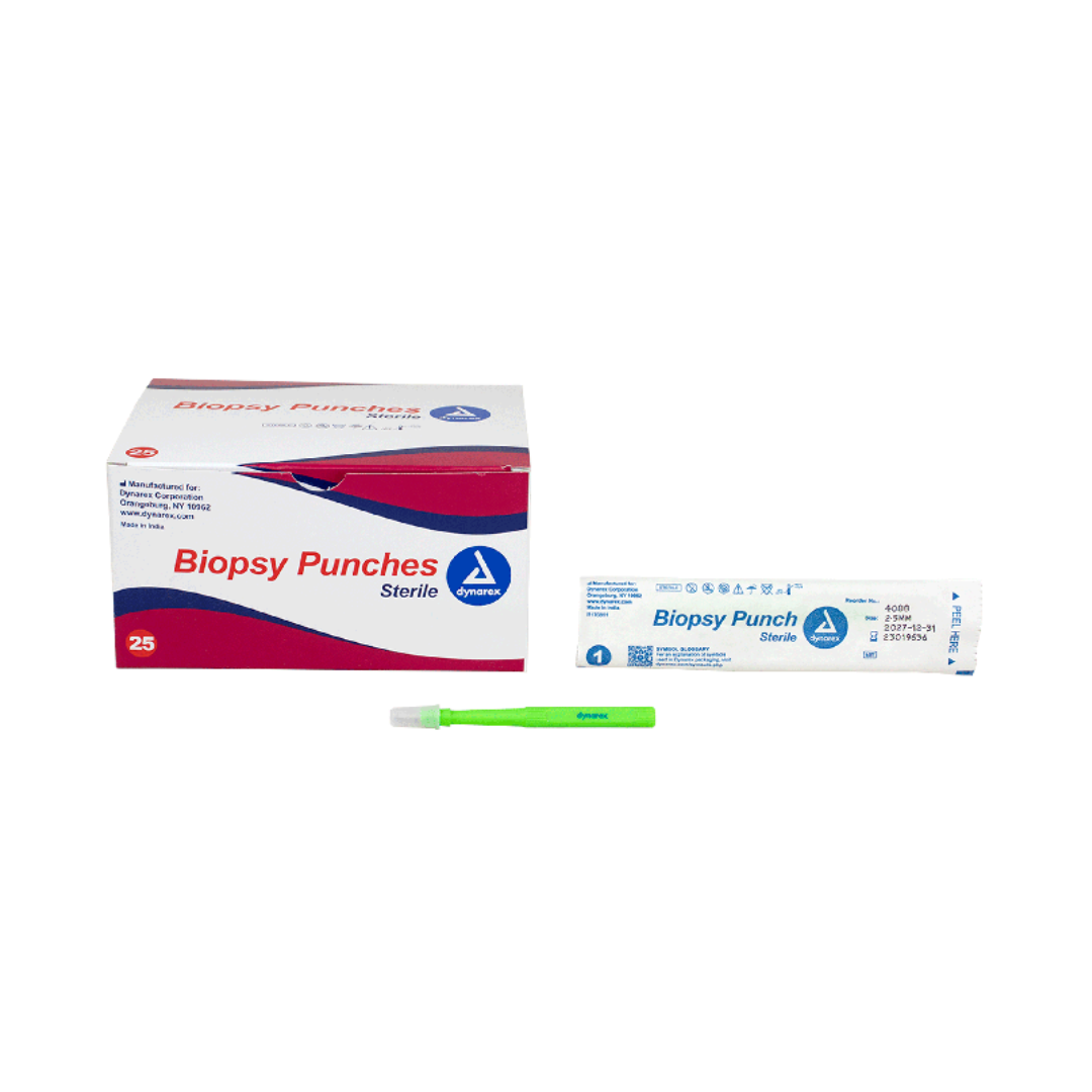 A box labeled Dynarex Sterile Biopsy Punches is displayed beside an individually wrapped and an unwrapped green-handled biopsy punch, showcasing high-quality sterile medical instruments on a white background.